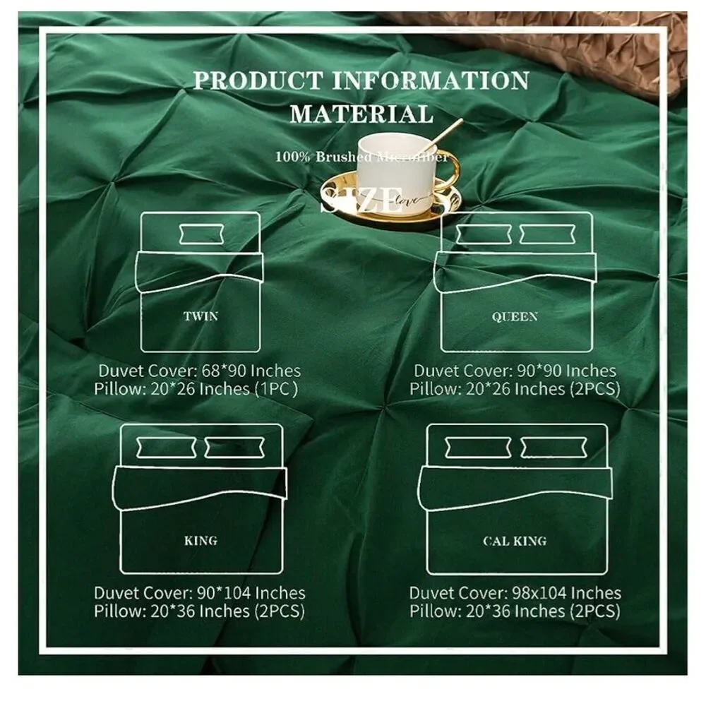 NEW Green Duvet Cover Set Twin Duvet Cover Pintuck 1 Pillow Sham-68x90”